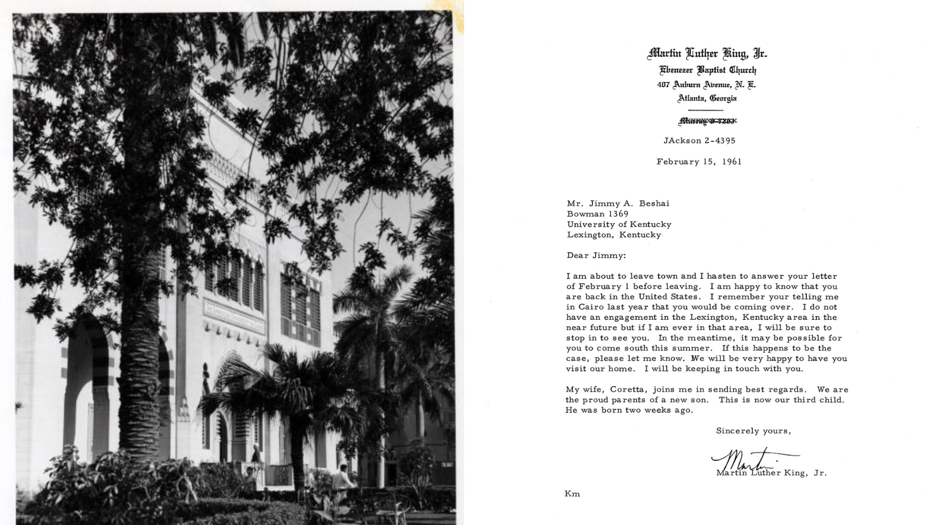 AUC Tahrir dated 1950s to 1960s; Martin Luther King's letter to James Jimmy Beshai '47, dated 1961