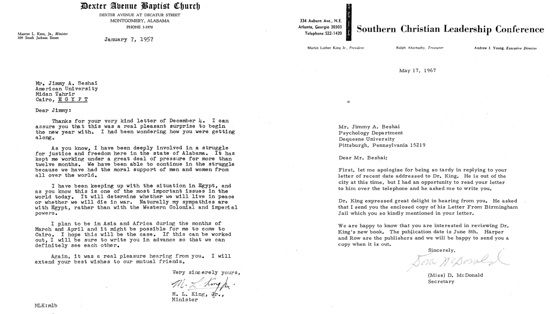A 1957 letter from James Beshai to King; a 1967 letter from King to Beshai
