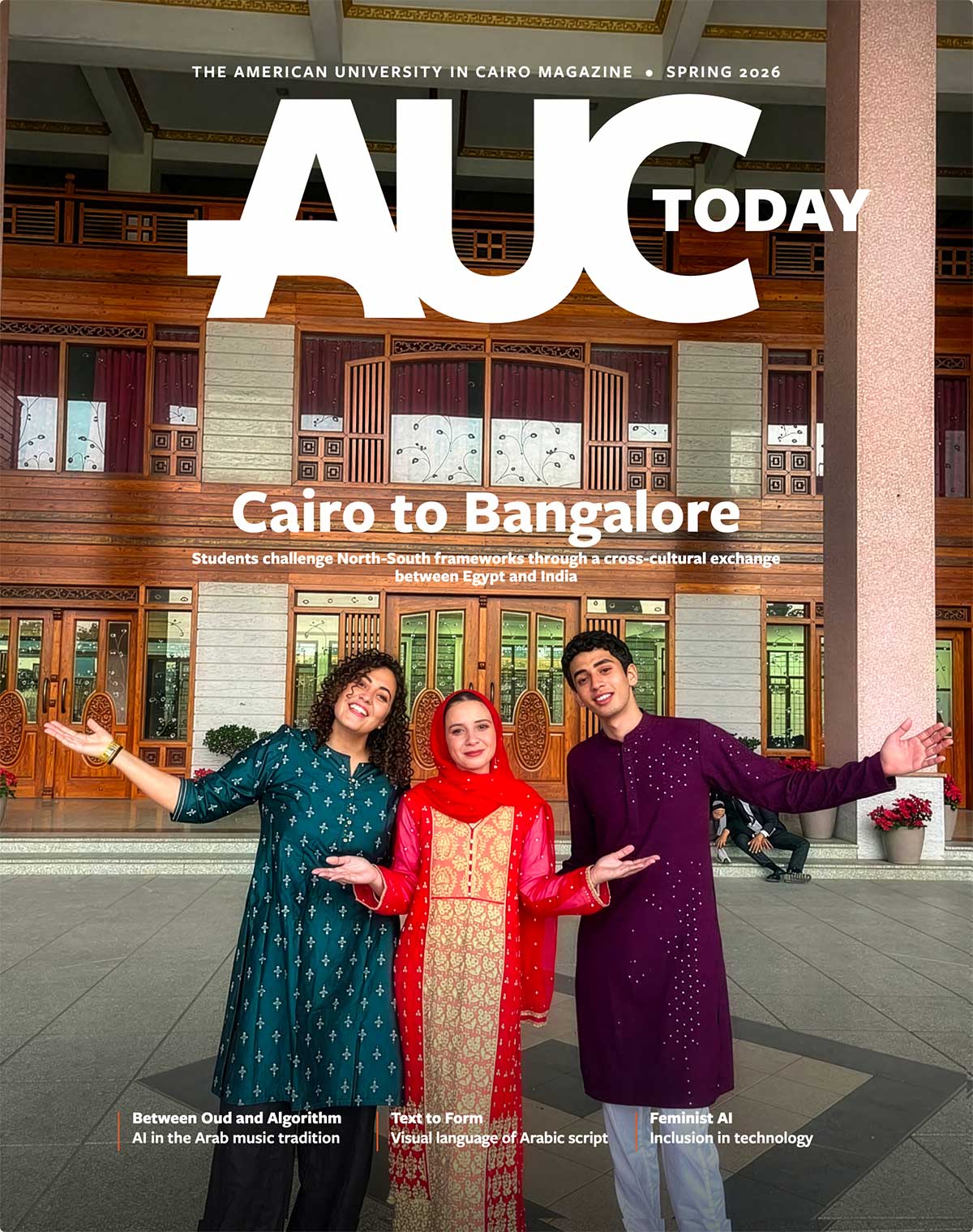 A group of people outstretch their arms outside a building