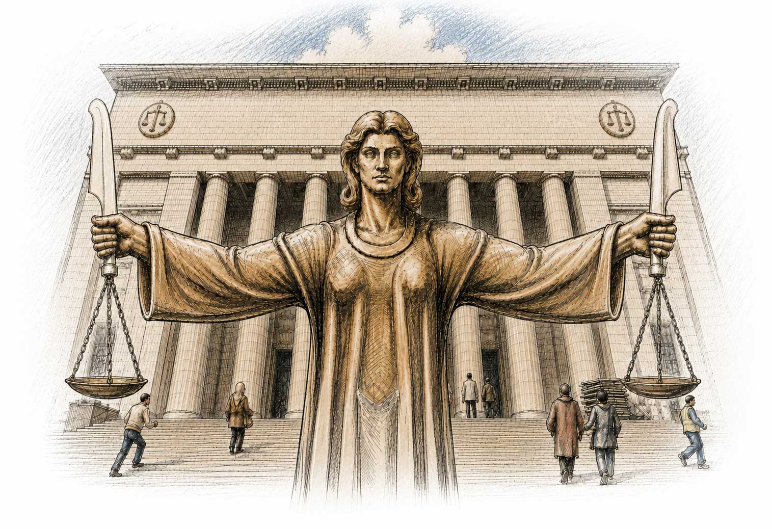 A graphic of Lady Justice holding her two scales before a courthouse. 