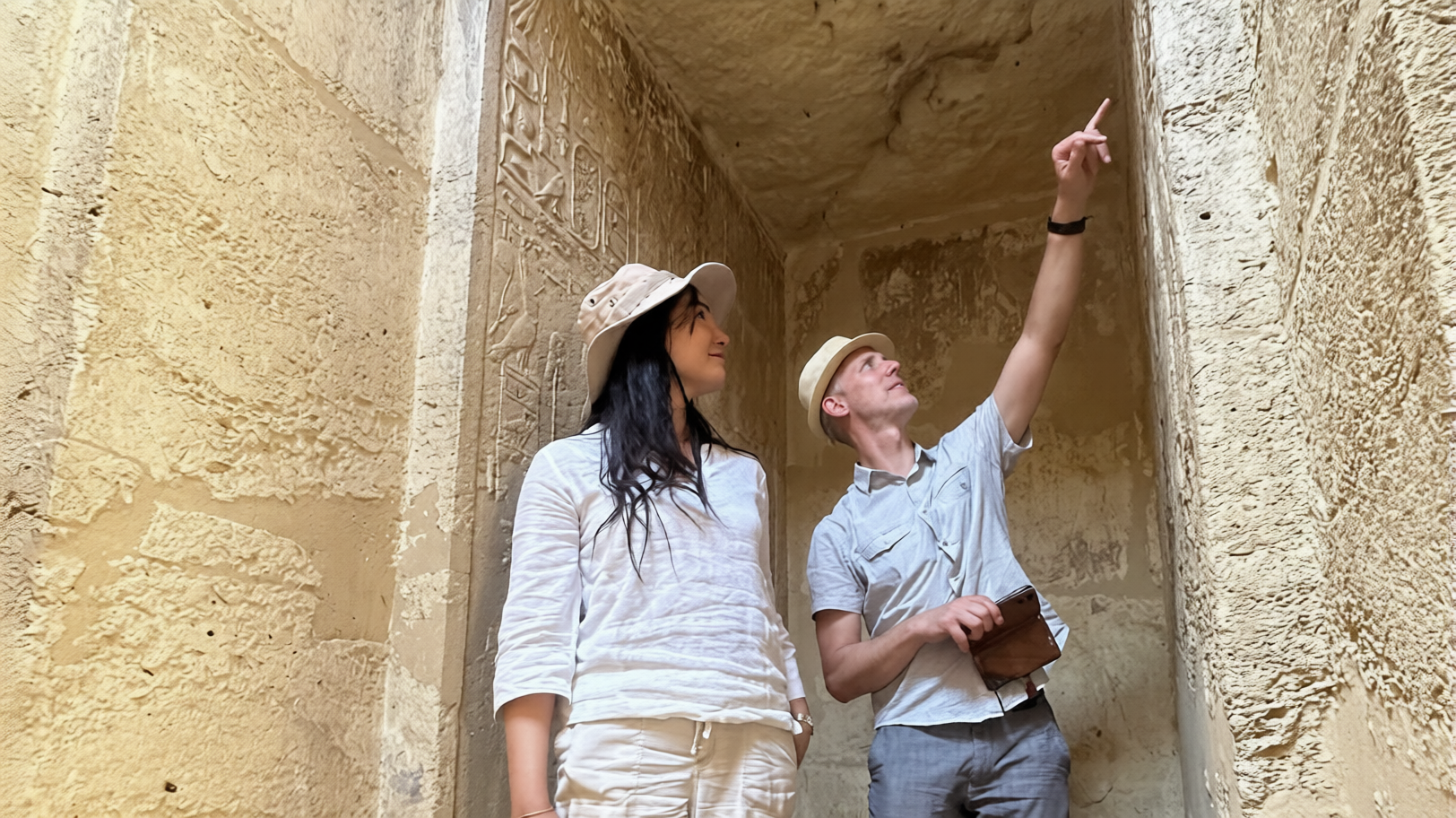 A man and a woman in an Egyptian structure, the man is pointing at something above his head