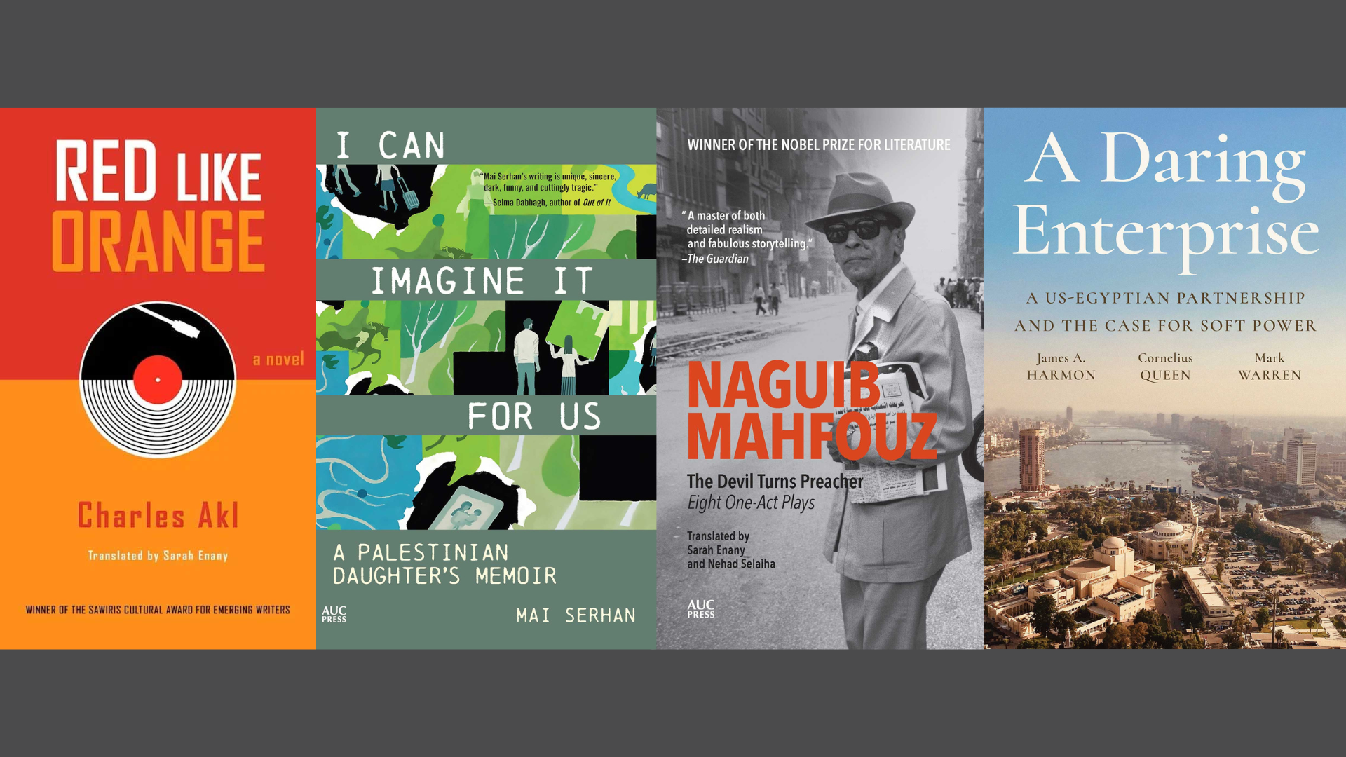 A collage of four book covers: Red like Orange, I can Imagine it for Us, The Devil Turns Preacher, and a Daring Enterprise