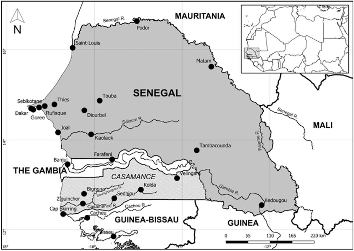 A map of Senegal bordering Mauritania, Mali, Guinea-Bissau, The Gambia and Guinea