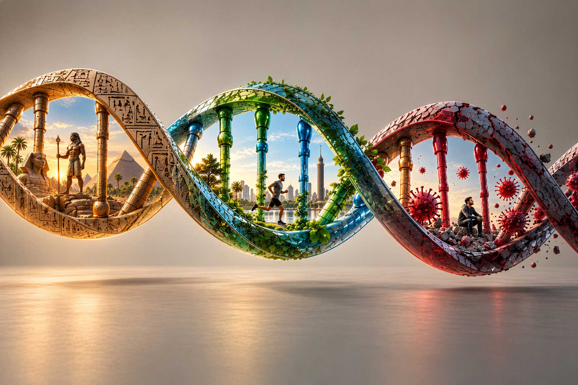 An AI generated DNA strand.  The first heix shows an image of ancient egypt, the second of a man running through Modern Cairo, the third a man sitting with bacteria