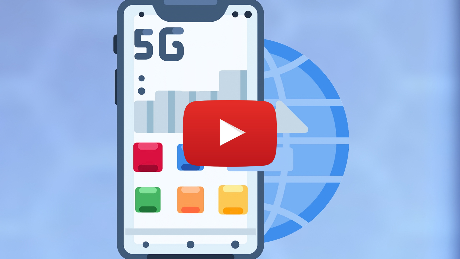 A graphic of a phone with "5G" on it. It is a youtube thumbnail with a red play button in the center
