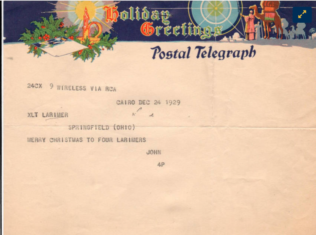 A postal telegram from 1929 where John Larimer wishes his family a merry Christmas