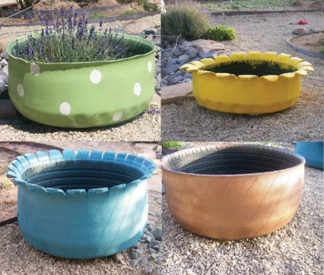 Four pictures of flower pots made out of tires and painted in bright colors.